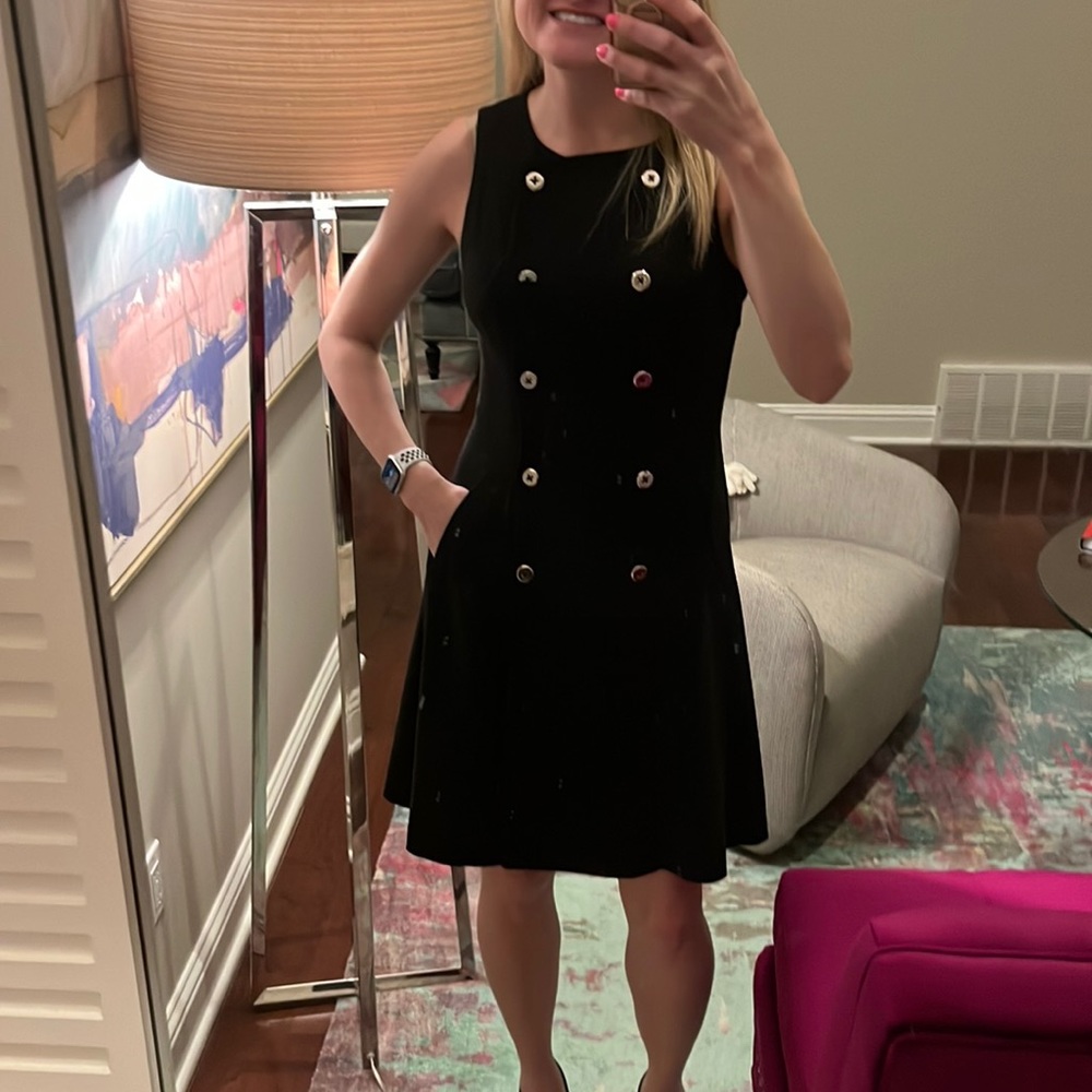 White House Black Market Black Sleeveless Midi Dress with Contrasting Buttons